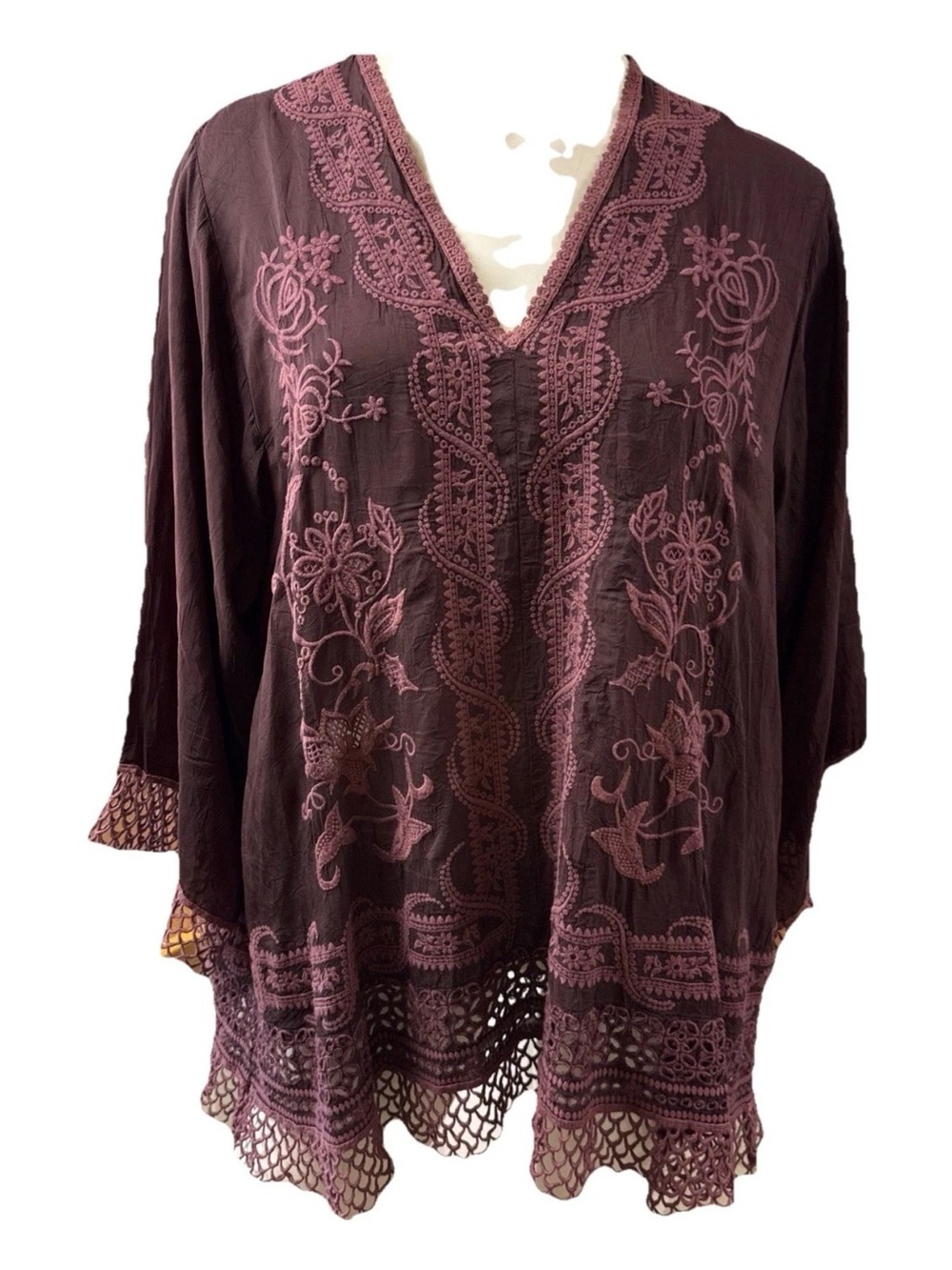 Embroidered V-Neck Boho Tunic Top in Deep Plum
